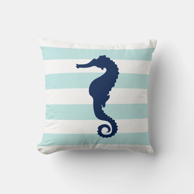 White Mint & Blue Wide Stripes Pattern Seahorse Throw Pillow (Front)