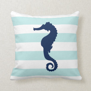 White Mint & Blue Wide Stripes Pattern Seahorse Throw Pillow