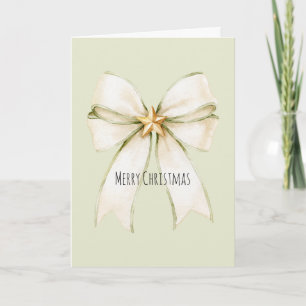 White Mint Bow Gold Star Christmas Card