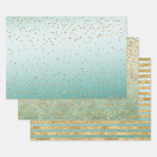White Mint Gold Glitz Sparkle Stripes Leopard      Wrapping Paper Sheets