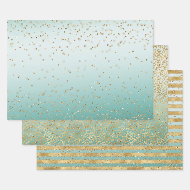 White Mint Gold Glitz Sparkle Stripes Leopard      Wrapping Paper Sheets (Set)