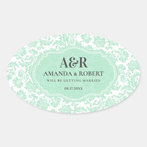 White  Mint_Green Damasks Save The Date Oval Sticker