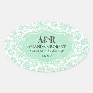 White & Mint-Green Damasks Save The Date Oval Sticker