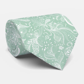 White & Mint-Green Exotic Floral Swirls Neck Tie