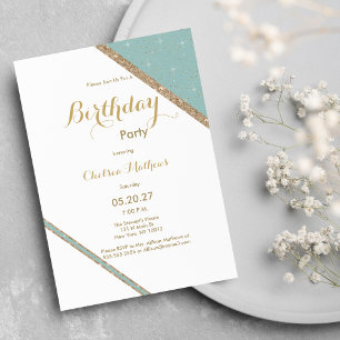White mint green gold glitter geometric Birthday Invitation
