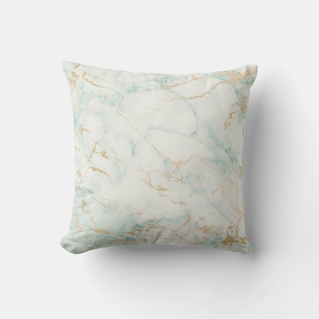 White Mint Green Marble Gold Gray Glam Throw Pillow (Front)