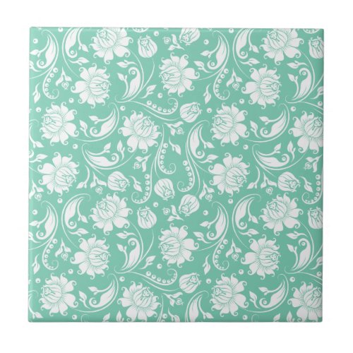 White  Mint_Green Vintage Floral Damasks Ceramic Tile