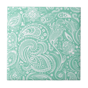 White & Mint-Green Vintage Floral Paisley Damasks Ceramic Tile