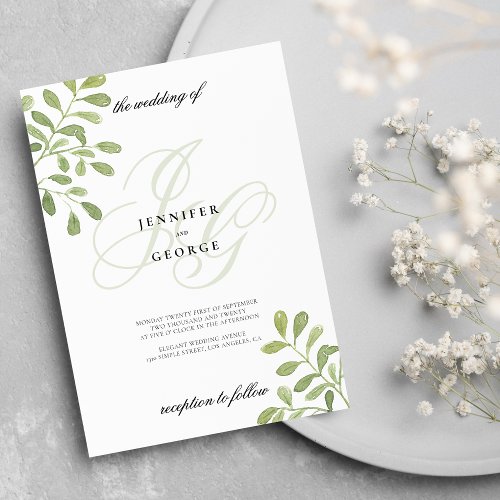White mint monogram initials leaf floral wedding invitation