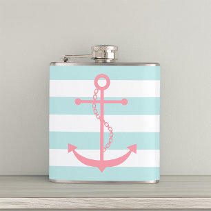 White Mint & Pink Wide Stripes Pattern Anchor Hip Flask