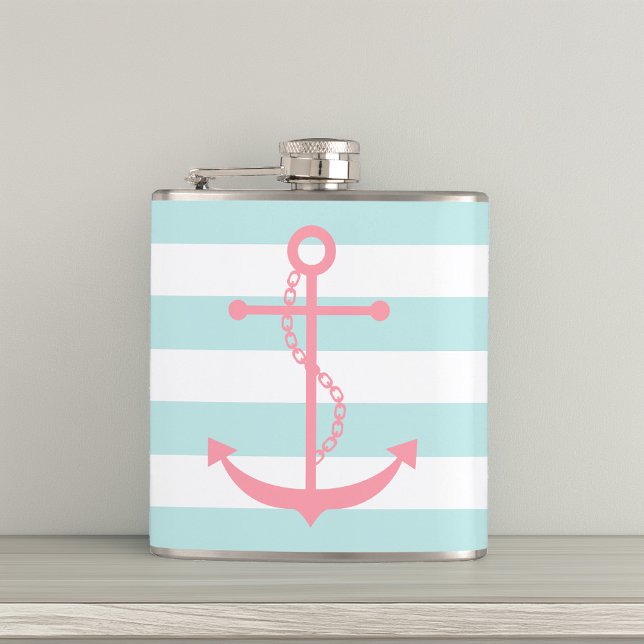 White Mint & Pink Wide Stripes Pattern Anchor Hip Flask (Creator Uploaded)