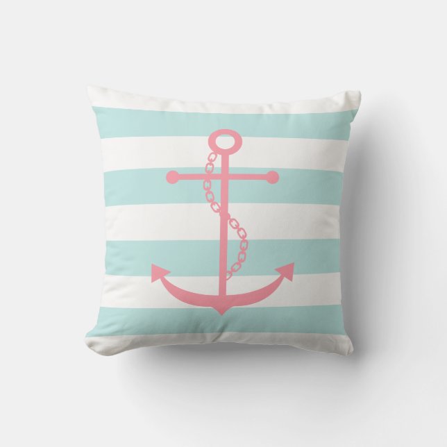 White Mint & Pink Wide Stripes Pattern Anchor Throw Pillow (Front)