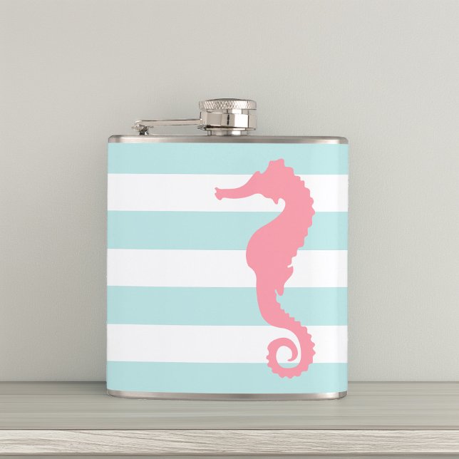 White Mint & Pink Wide Stripes Pattern Seahorse Hip Flask (Creator Uploaded)