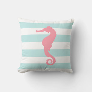 White Mint & Pink Wide Stripes Pattern Seahorse Throw Pillow