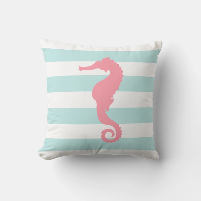 White Mint & Pink Wide Stripes Pattern Seahorse Throw Pillow (Front)