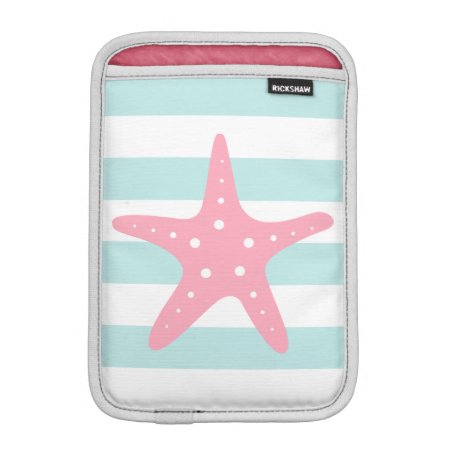 White Mint & Pink Wide Stripes Pattern Starfish Sleeve For Ipad Mi