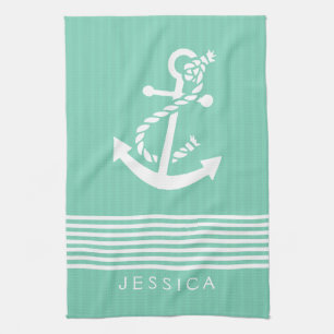 White & Mint Stripes And Nautical Boat Anchor Towel