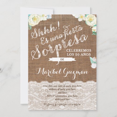 White mint surprise birthday invites in Spanish