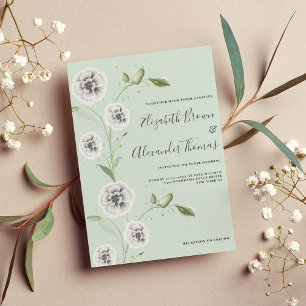 White mint watercolor poppy floral leaves wedding invitation