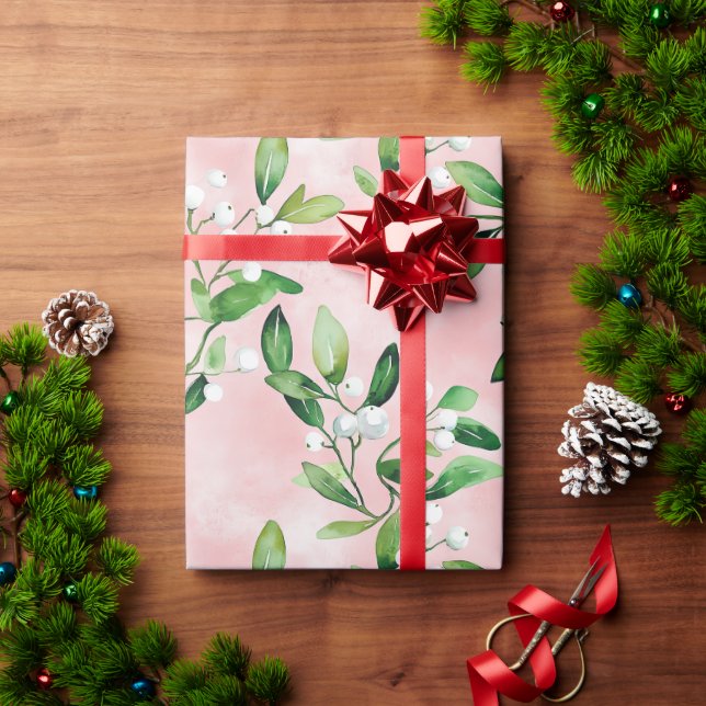 White Mistletoe On Pink Vintage Christmas  Wrapping Paper (Holiday Gift)