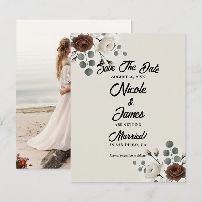 White Mocha Cream Modern Floral Save the Date Invitation (Front/Back)
