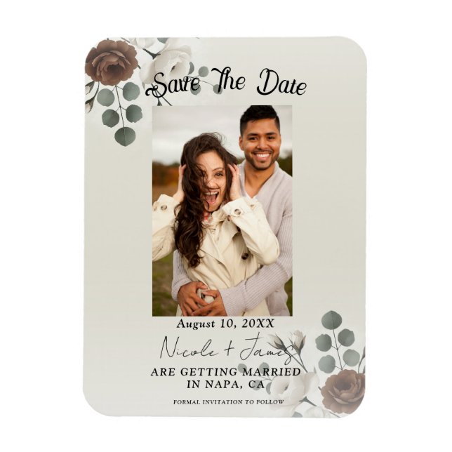 White Mocha Cream Modern Floral Save the Date Magnet (Vertical)