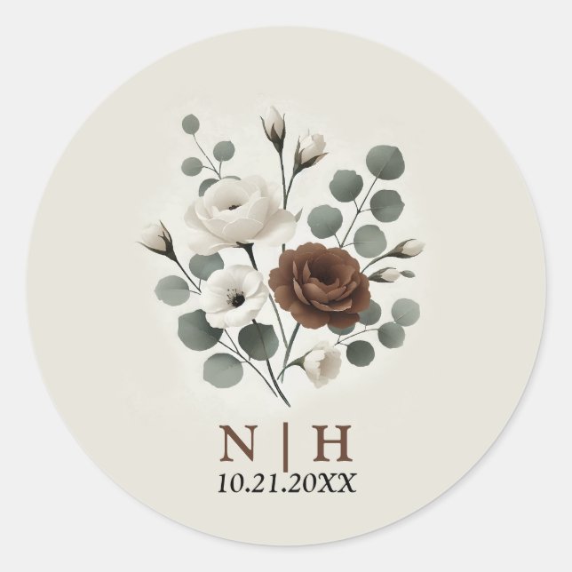 White Mocha Cream Modern Floral Wedding  Classic Round Sticker (Front)