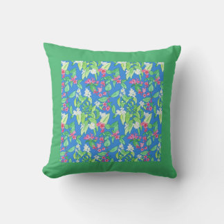 White Mock Orange and Pink Weigelia on Blue Floral Throw Pillow