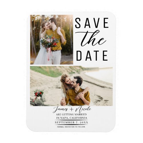 White Modern 2 Photos Save the Date Wedding Magnet