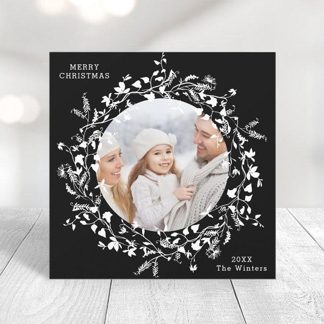 White Modern Boho Wildflower Black Square Photo Holiday Card (Creator Uploaded)