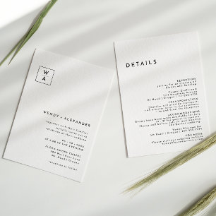 White Modern Bold Monogram Crest Wedding Details Invitation