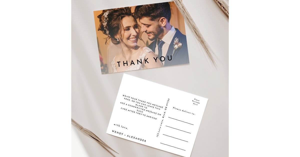 White Modern Bold Wedding Photo Thank You Postcard | Zazzle