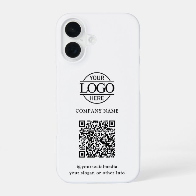 White Modern Business Logo & QR Code Promotional iPhone Case (Back)