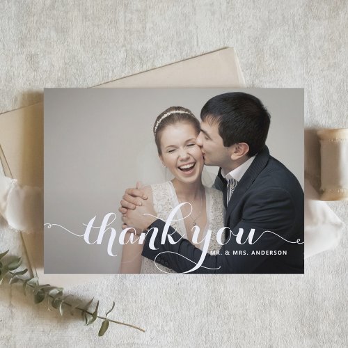 White Modern Calligraphy Photo Overlay Wedding Thank You Card