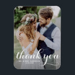 White Modern Calligraphy Photo Wedding Magnet<br><div class="desc">Celebrate your love and show gratitude with our customizable photo wedding thank you magnet! This unique keepsake is perfect for reminding your loved ones of your special day while expressing your heartfelt thanks in a memorable way. It features a modern typography photo overlay. Personalize by adding your photo and details....</div>