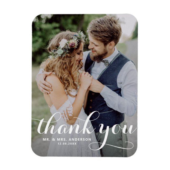 White Modern Calligraphy Photo Wedding Magnet (Vertical)