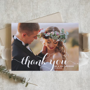 White Modern Calligraphy Photo Wedding Thank You Card