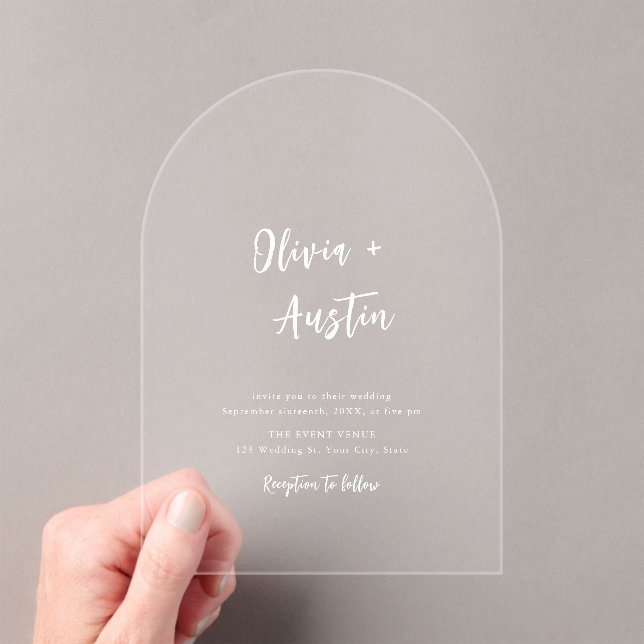 White Modern Chic Script Minimalist Wedding Acrylic Invitations (Insitu (Handheld))