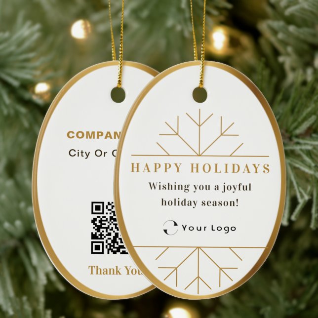 White Modern Christmas Business Logo QR code Chic Ceramic Ornament (Creator Uploaded)