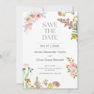 White Modern Classic Floral Wildflower Rustic Invitation