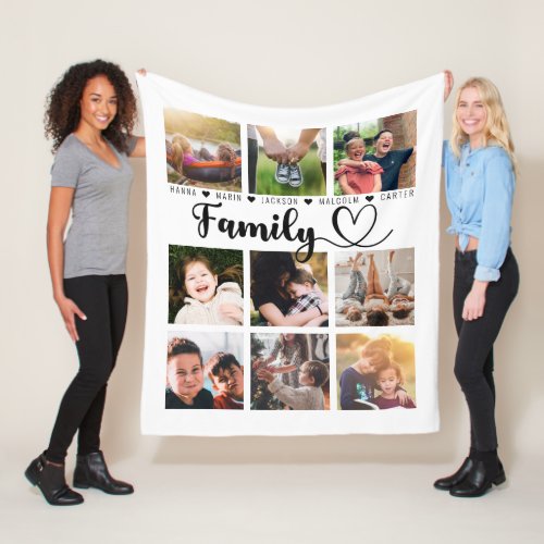 White Modern Family Memories Nine Photo Collage Fleece Blanket