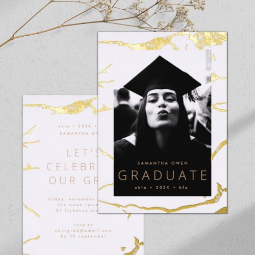 White Modern Grad Gold Marble Announcement