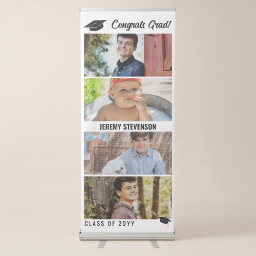 White Modern Graduation Cap Congrats Grad 4 Photos Retractable Banner