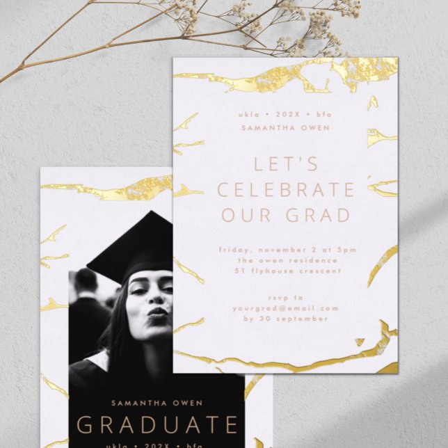 White Modern Graduation Party Gold Marble Foil Invitation (Creator Uploaded)