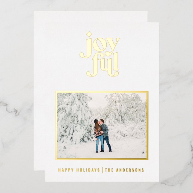 white modern joyful 1 photo  foil holiday card (Front/Back)