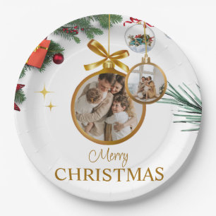 White Modern Merry Christmas 9" Round Paper Plate