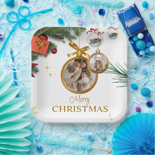 White Modern Merry Christmas 9 Square Paper Plate