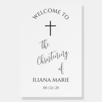 White Modern Minimal Christening Welcome Sign by AnnounceIt at Zazzle