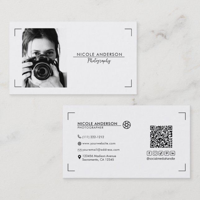 White Modern Minimal Clean Logo Photography Photo Business Card (Front/Back)