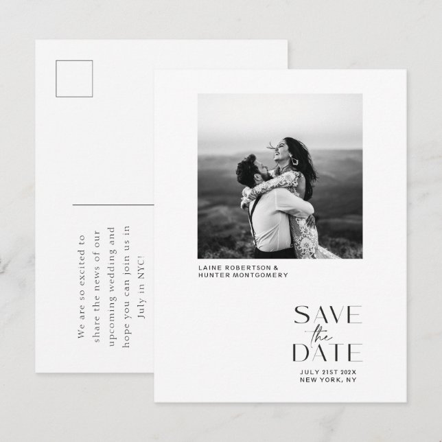 White Modern Minimalist Photo Save the Date Announcement Postcard (Front/Back)